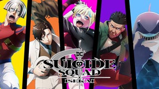 A poster for Suicide Squad Isekai showing the main cast of characters in various poses, the logo in front of them.