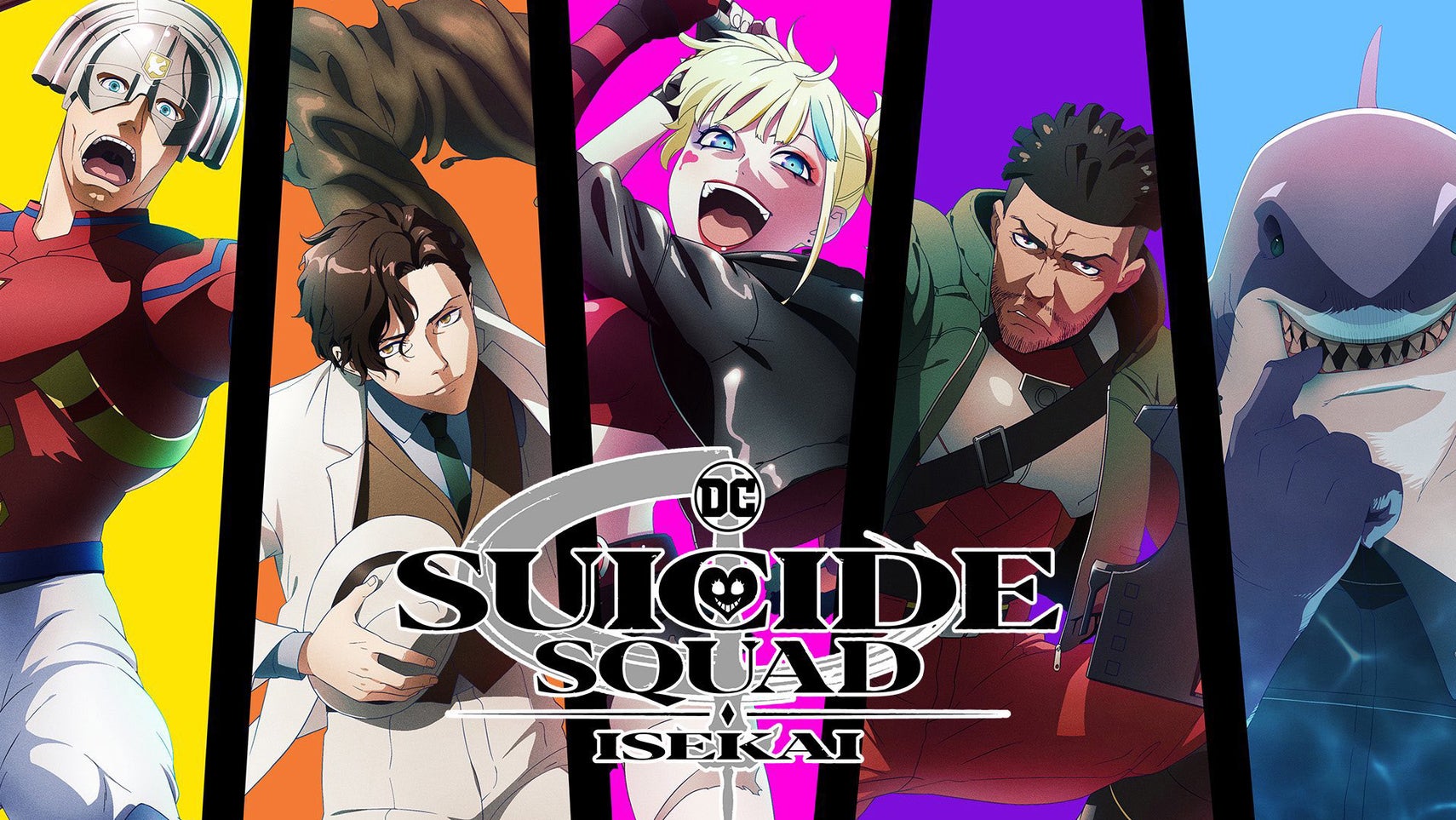 A poster for Suicide Squad Isekai showing the main cast of characters in various poses, the logo in front of them. - 1