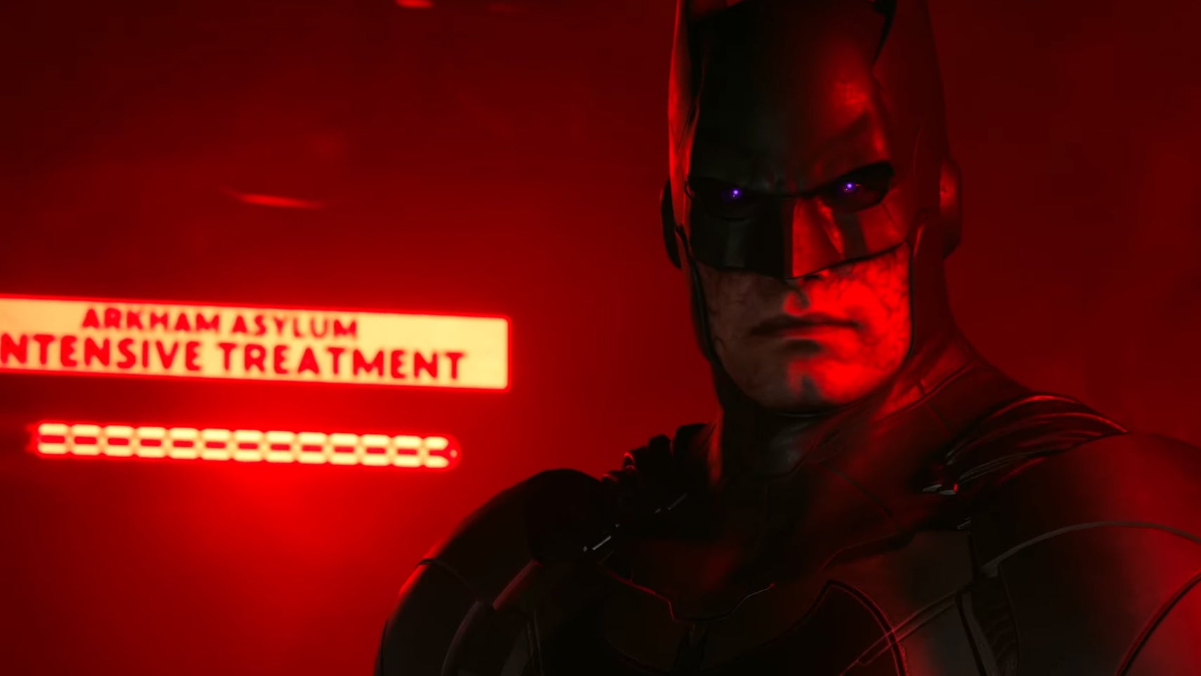 Close up of Batman with purple eyes, bathed in red light. - 1