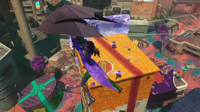 The Joker glides under his rocket umbrella in Suicide Squad: Kill the Justice League gameplay