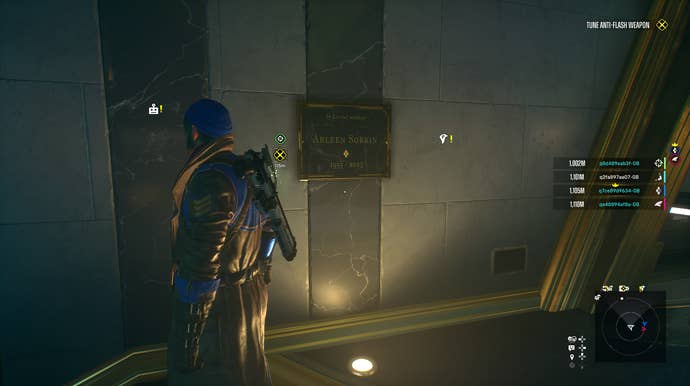 Suicide Squad screenshot showing Boomerang and the Arleen Sorkin plaque