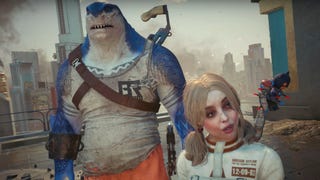 A scene from Suicide Squad: Kill the Justice League showing Harley Quinn and King Shark stood on a rooftop with the sprawling city of Metropolis visible behind them.