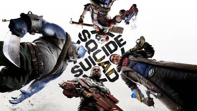 Suicide Squad: Kill the Justice League promo art with the four main characters all standing over the camera and looking down, the game's black logo visible against an all-white sky behind them