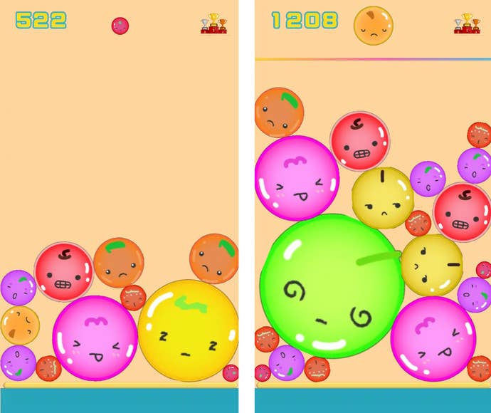 Two runs of fruit physics game Suika