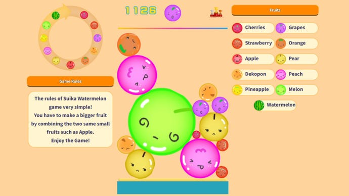 A game of Suika (Watermelon Game) in progress, played through a browser.