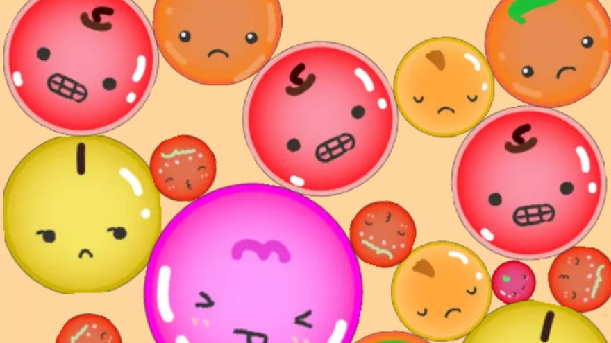 Different coloured fruits with faces in Suika