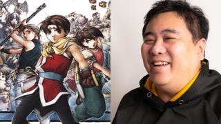 Left: Suikoden 2 art of main anime characters, Right: Headshot of Murayama smiling