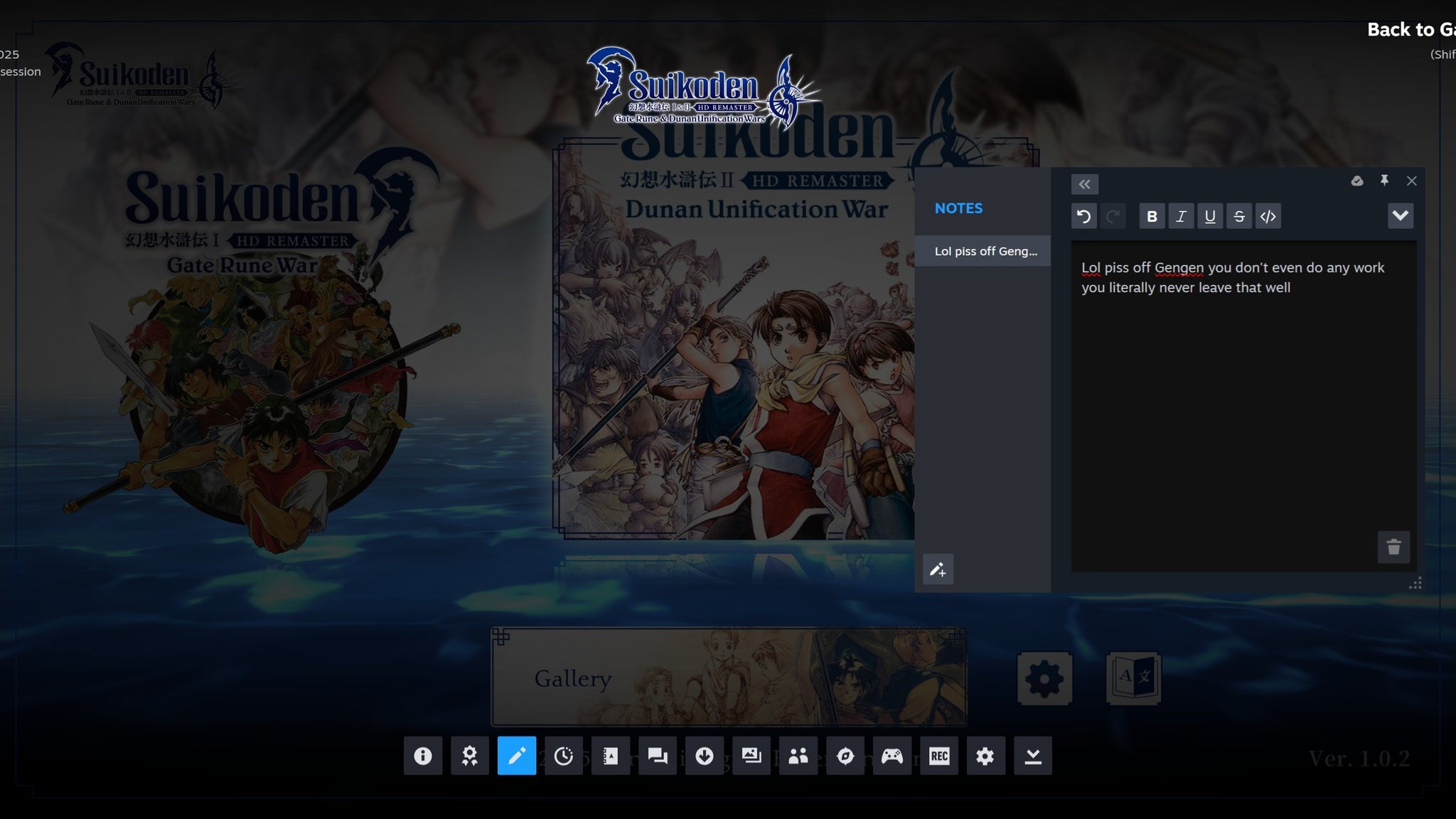 A screenshot of Steam's notes feature in Suikoden Remastered. - 3