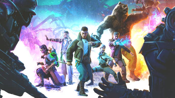 Sumerian Six promotional art showing its scientifically enhanced heroes (including a towering werebear) striking a dramatic pose as Nazis surround them.