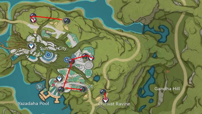 Genshin Impact Padisarah locations: A map showing routes for finding Padisarah in Sumeru City's citadel, northern outskirts, and docks