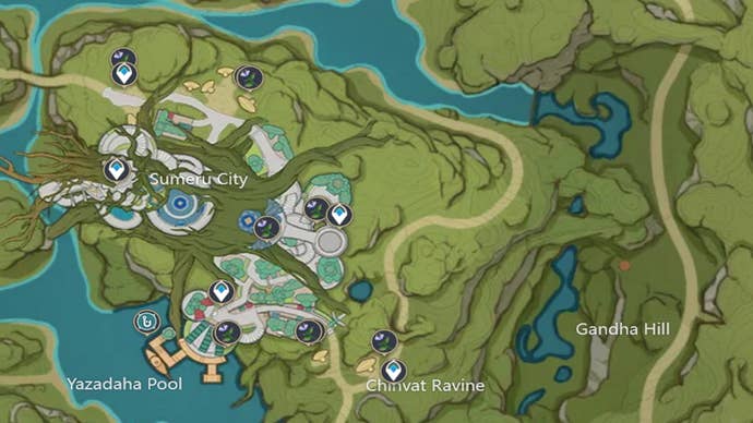 Genshin Impact Padisarah locations: A map showing Padisarah locations near the docks, along the entrance path, and near the northern fields