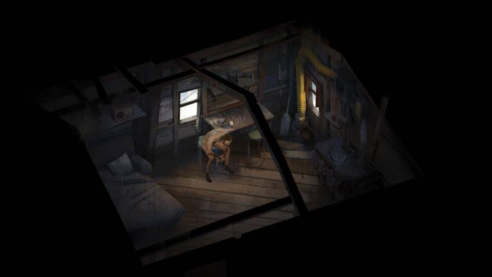 Harry Du Bois sitting in a cabin in Disco Elysium.