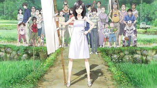Artwork for Summer Wars, showing the anime's main characters standing in a lush, green Japanese field.