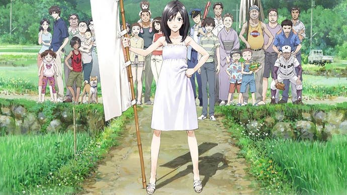 Artwork for Summer Wars, showing the anime’s main characters standing in a lush, green Japanese field.