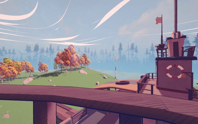 A view from the upper deck of the wooden puzzle ship in Summertime Madness, showing a beautiful river valley