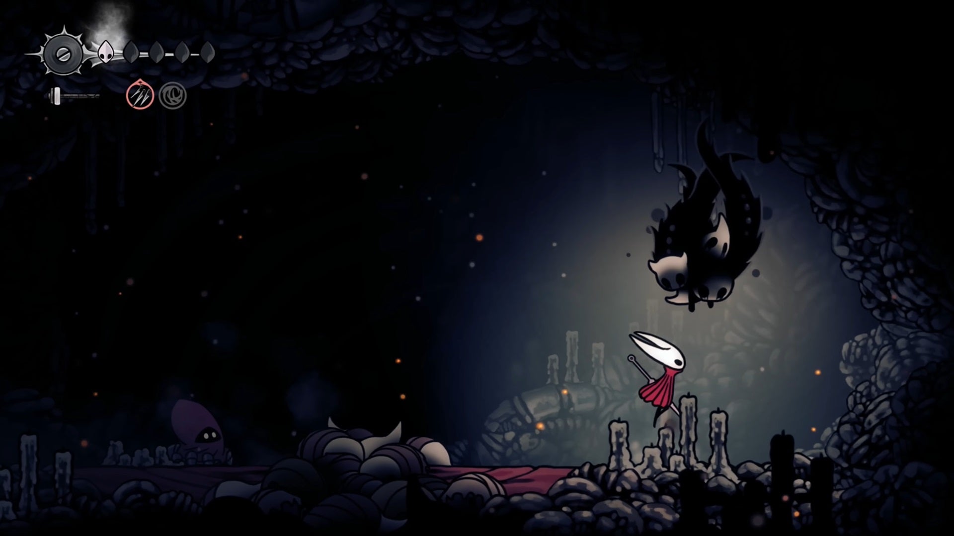 Hornet fights the secret boss Summoned Saviour - a floating black mass of Void - in Silksong. - 96