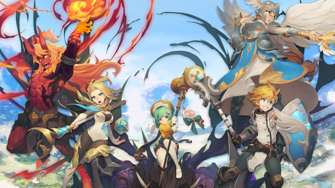 Anime artwork for free to play mobile game Summoners War Chronicles showing different characters striking an action pose while wielding weapons or firing magic. - 1