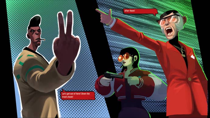 A man flips the bird to a man in a red suit in Sunday Gold