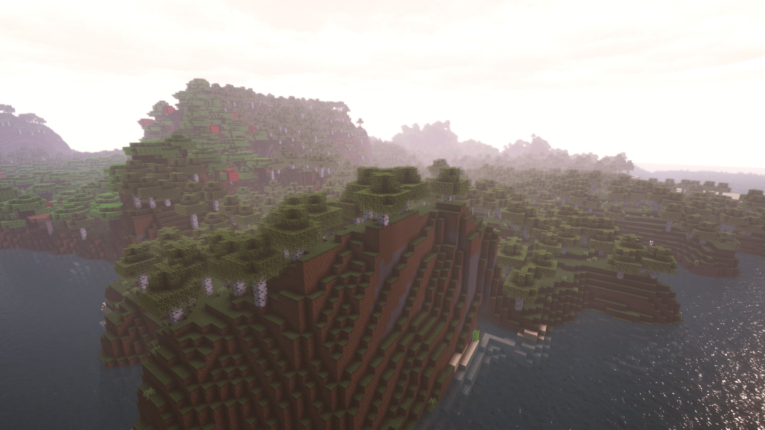 A Minecraft hills landscape surrounded by a river with Sunflawer Shaders installed.