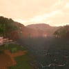 A screenshot of a river in Minecraft, with some trees on either side of the bank and a hill in the distance, taken using Sunflawer shaders.