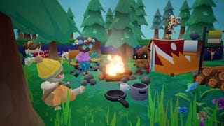 Sunshine Days screenshot of a variety of characters sitting around a campfire in the forest