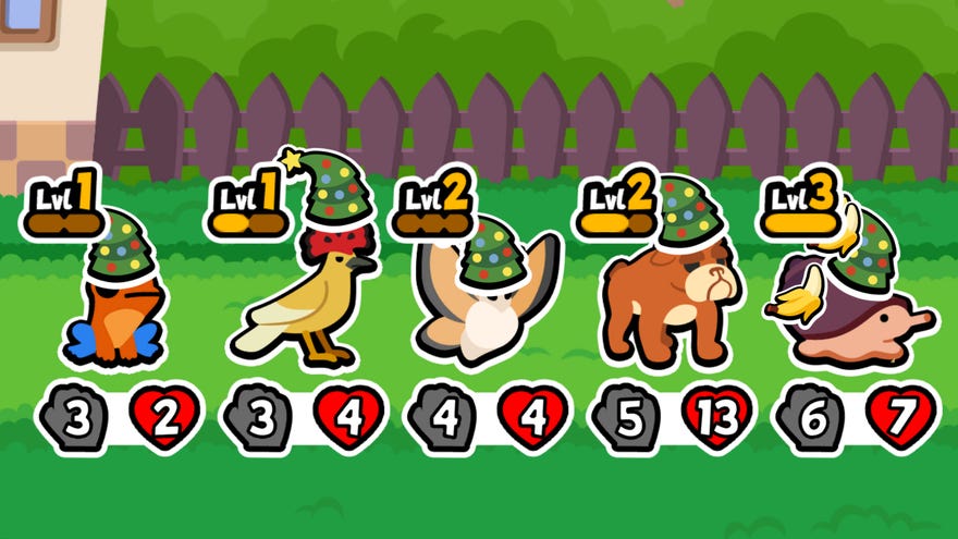 A line of animals in a Super Auto Pets screenshot.