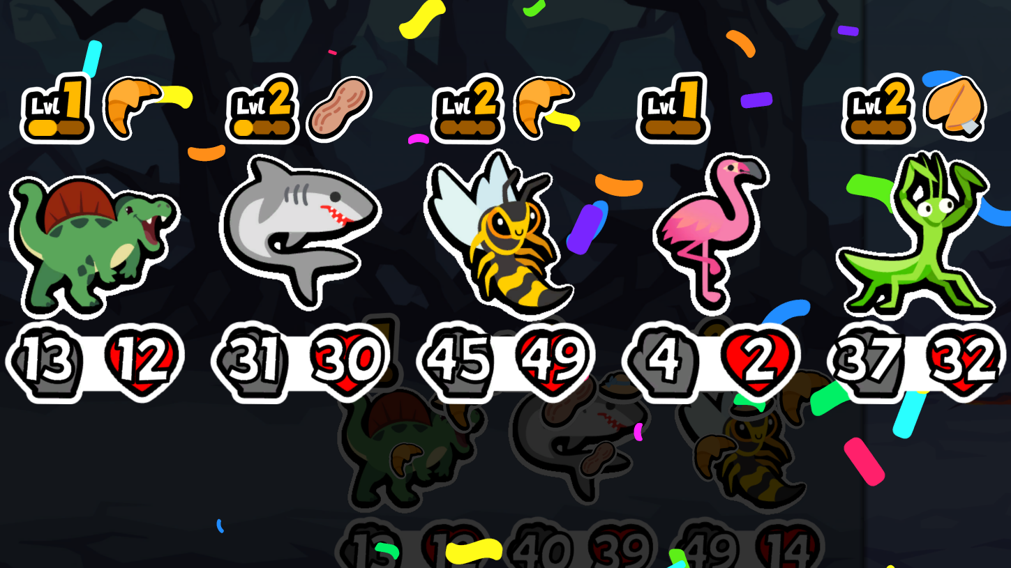 A rain of confetti celebrating victory for animals in a Super Auto Pets screenshot.