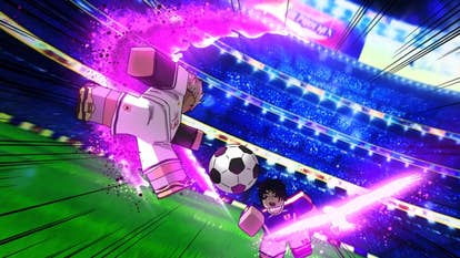 Artwork for the Roblox game Super Eleven showing two anime-inspired characters battling for the ball.