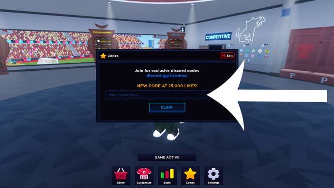 Arrow pointing at the codes menu in Roblox game Super League Soccer.
