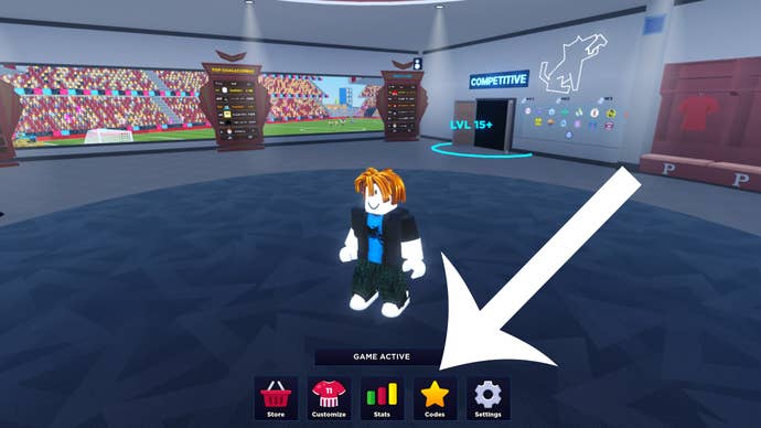 Arrow pointing at the button players need to press to redeem Roblox codes in Super League Soccer.
