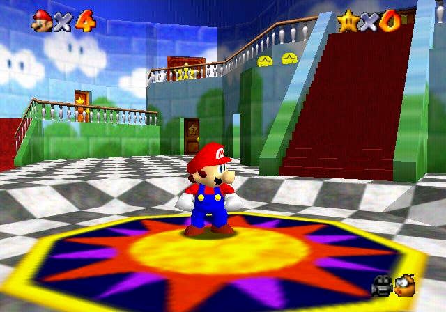 Mario stands in the lobby of Peach's castle in Super Mario 64
