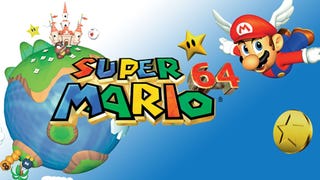 Artwork of Super Mario 64 showing Mario flying over a globe with a golden coin