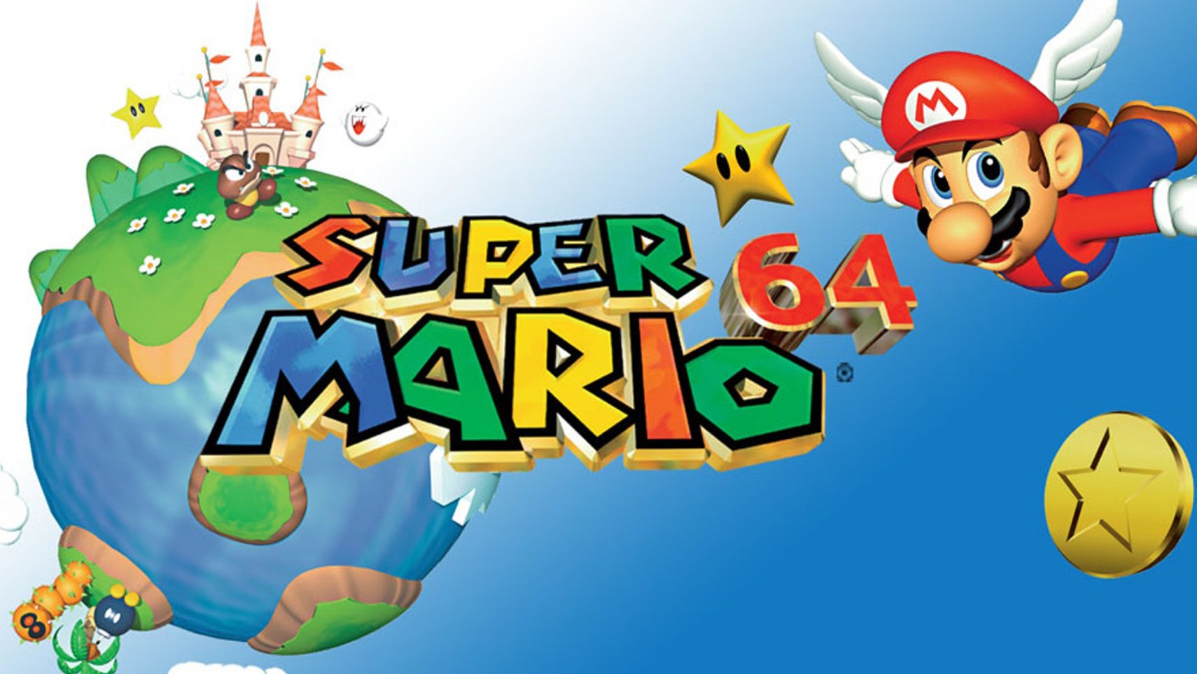 A globe with Princess Peach's castle at the top of it, Mario flying in the air with his wing cap, the logo for Super Mario 64 in the foreground. - 1