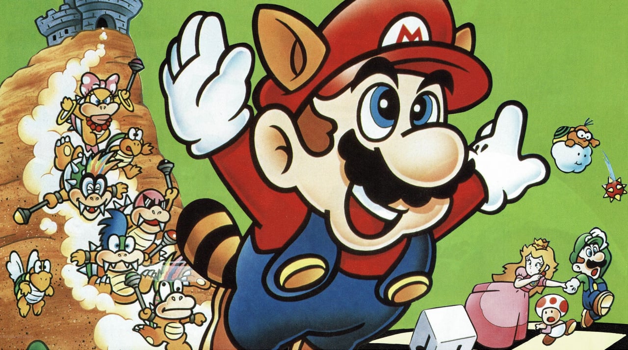 Poster art for Super Mario Bros. 3, featuring Tanooki Mario and the rest of the cast of the game behind him. - 5