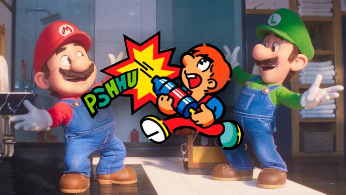 Mario and Luigi have their arms stretched out, smiles on their faces in the Super Mario Bros. Movie, Stanley the Bugman, a man with bug spray hopping through the air, Photoshopped on top of them.