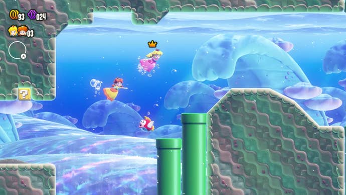 Mario swims in a water level, with pipes and opaque stage geometery, in Super Mario Bros Wonder.