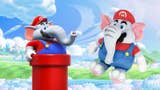Super Mario Bros. Wonder Elephant Mario standing in a red pipe looking at the plush version of Elephant Mario sitting down