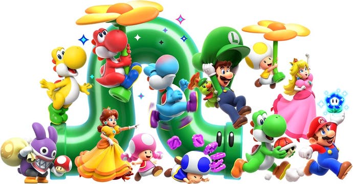 The cast of Super Mario Bros. Wonder, including Mario, Luigi, Princesses, Toads, Yoshis and Nabbit. There is a curvey pipe in the background and a Yoshi and a Toad hold large flowers. Mario holds aloft a Wonder Flower, and Luigi has a huge cap that he can use as a parachute.