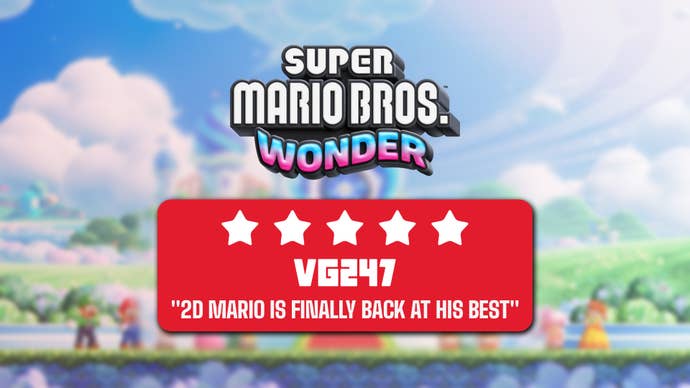 Super Mario Bros. Wonder logo, a 5-star rating from VG247, and the quote "2D Mario is finally back at his best".