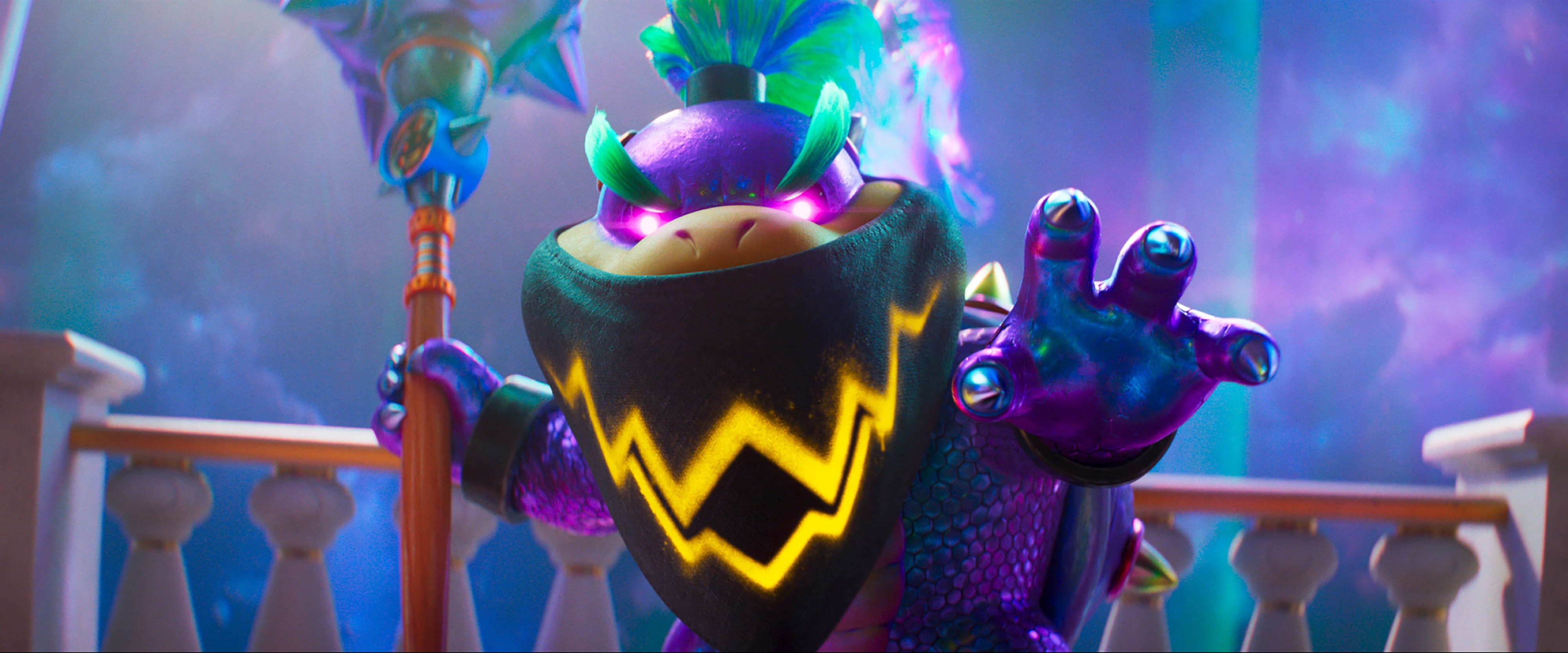 Still from The Super Mario Galaxy Movie showing Bowser JR in purple space armour