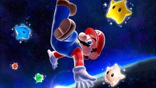 Super Mario Galaxy official image showing Mario tumbling through space surrounded by stars