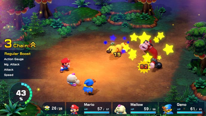 Mario, Mallow, and Geno in combat in Super Mario RPG
