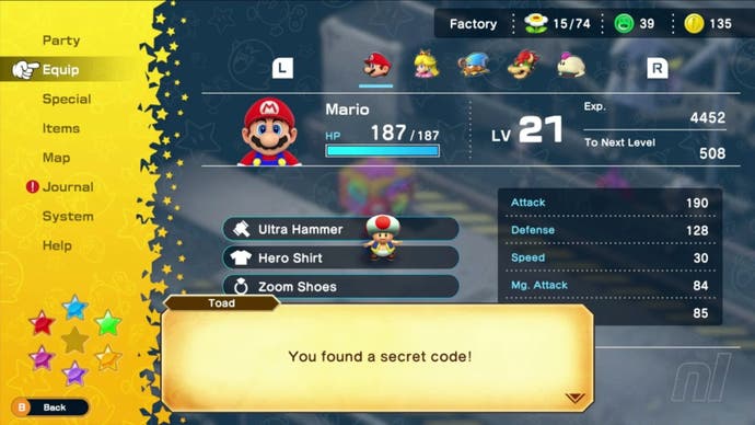 A screenshot showing the Toad secret code easter egg from Nintendo's Super Mario RPG remake.