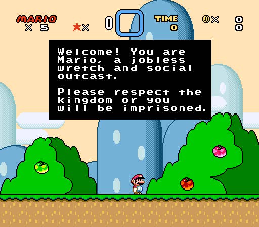 A message appears in Super Mario World calling Mario a “social outcast” and warning him against being arrested.