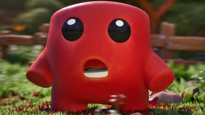 The mascot of Super Meat Boy (Super Meat Boy) looks astatine the camera successful shock.