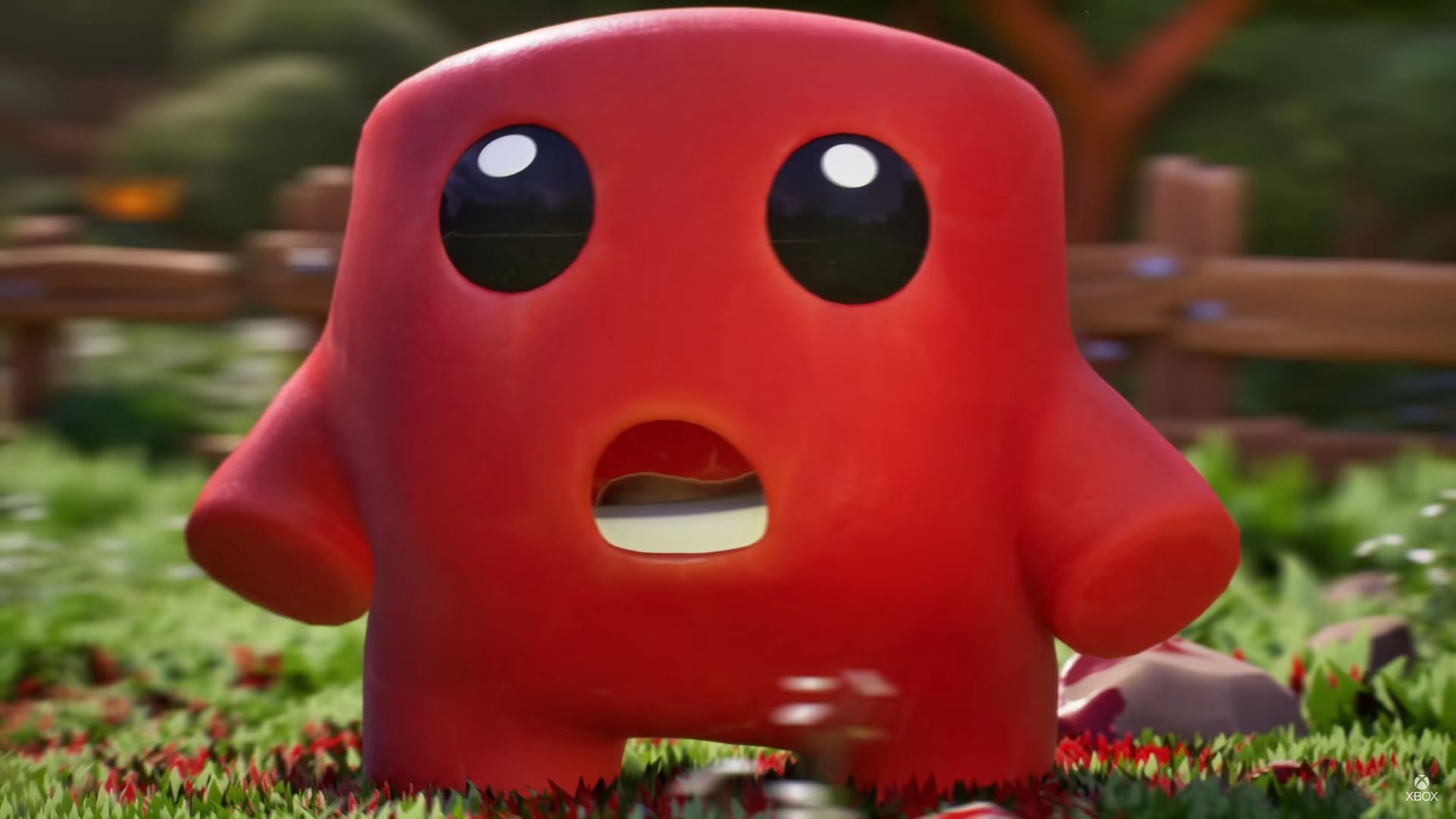The mascot of Super Meat Boy (Super Meat Boy) looks at the camera in shock. - 1