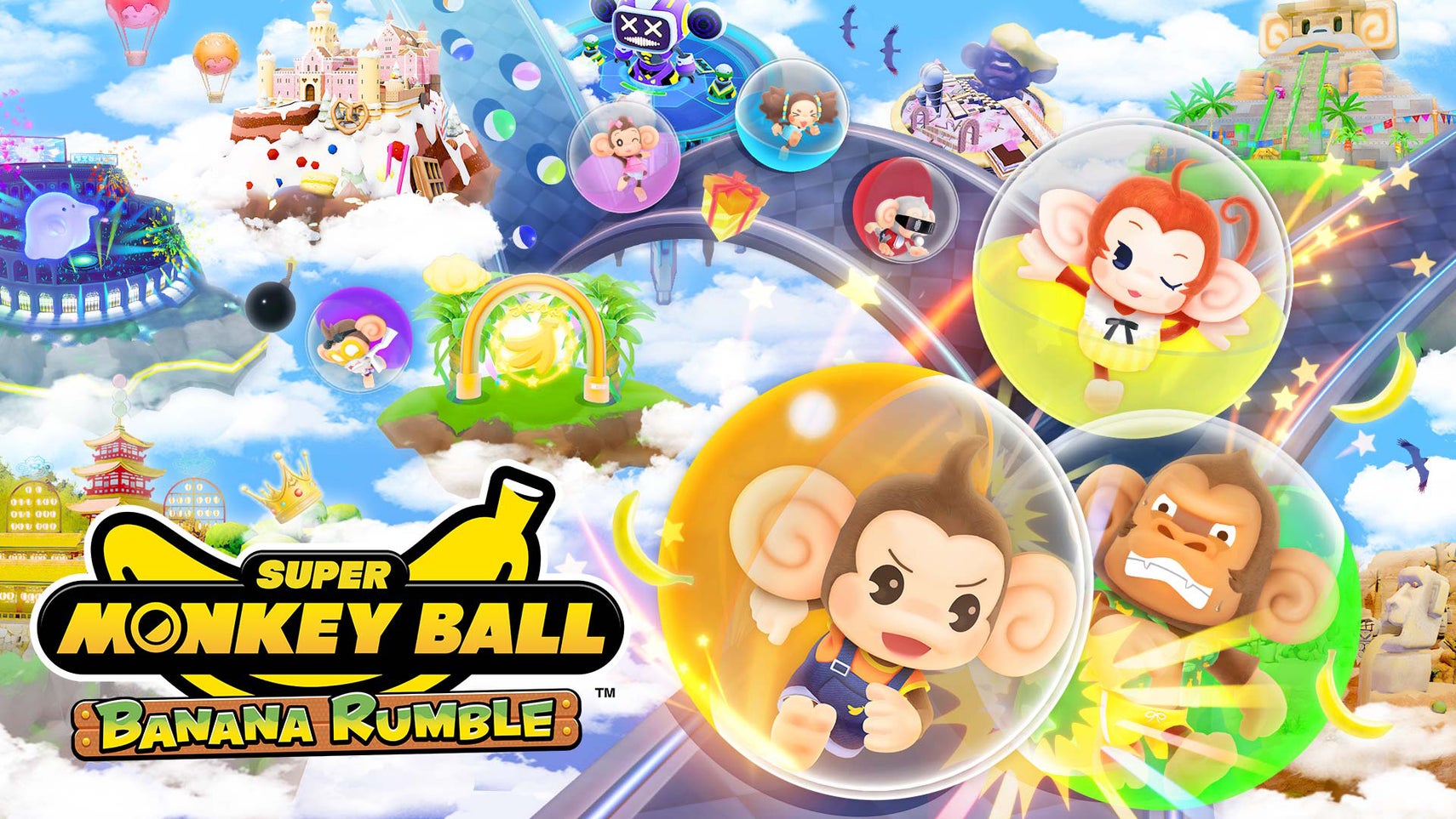Super Monkey Ball Banana Rumble key art showing various monkeys in plastic balls facing off against one another. - 1