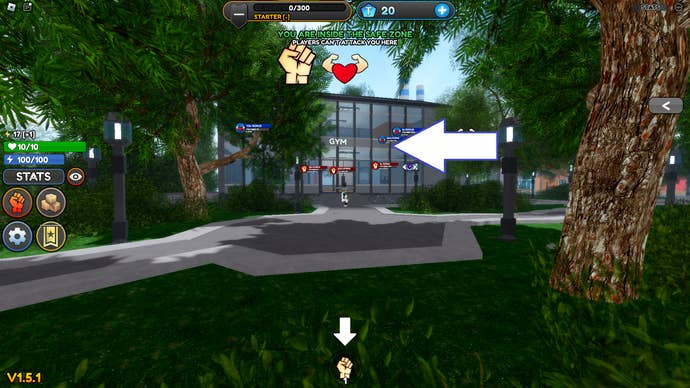 A screenshot from Super Power Grinding Simulator in Roblox showing the game's gym.
