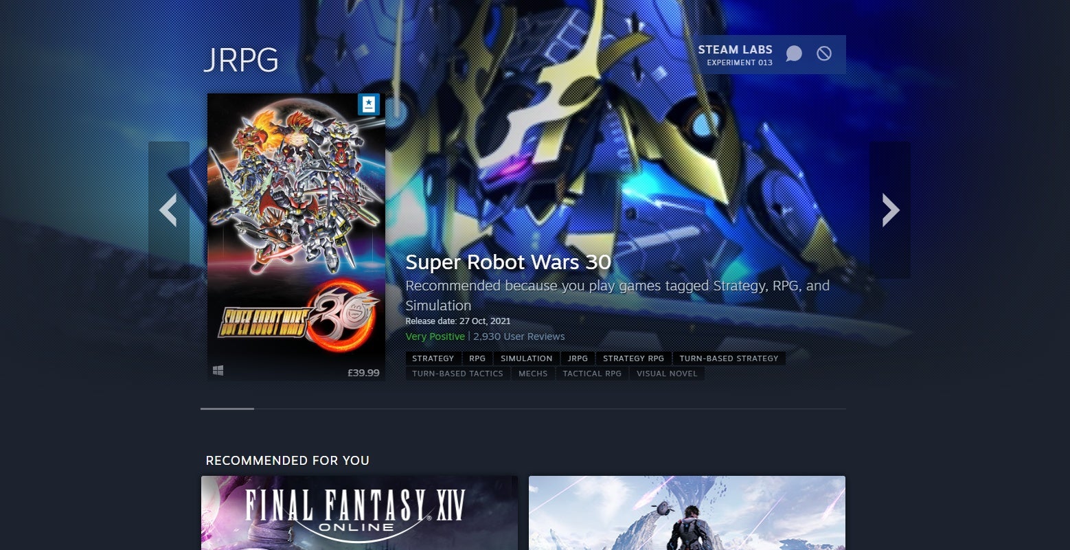 A screenshot of Steam&rsquo;s new tag and category pages as updated in Steam Labs Experiment 13.