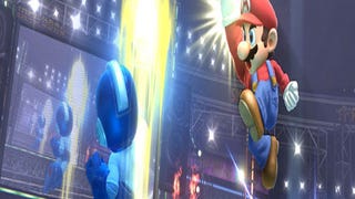 Super Smash Bros. Wii U screens show a dragon-punching Mega Man